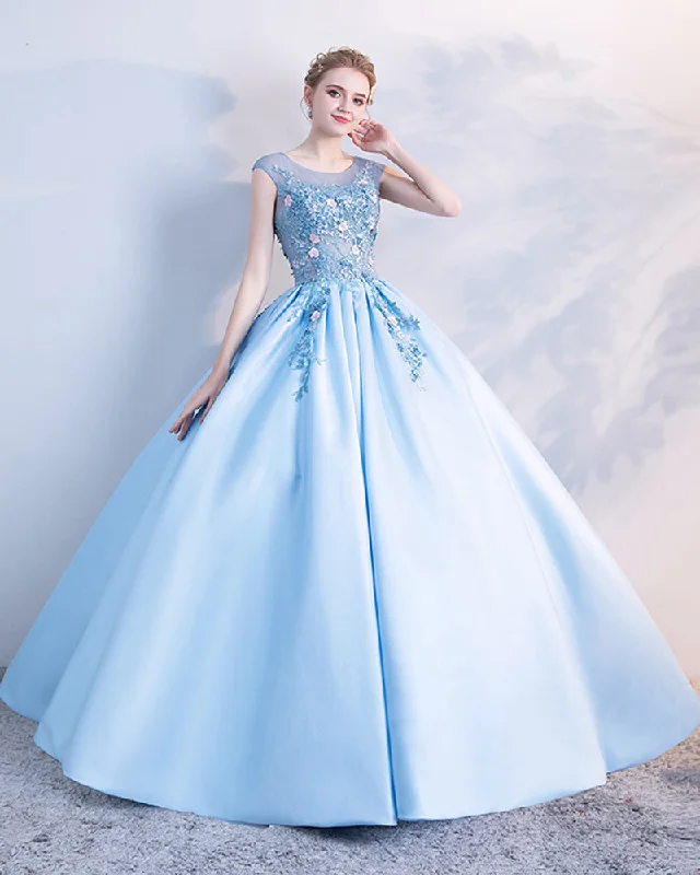 Sky Blue Cap Sleeves Beading and Floral Ball Gown Prom Dress,Sweet 16 Dress,Engagement Gown PL1005 Best floral dresses for elegant looks