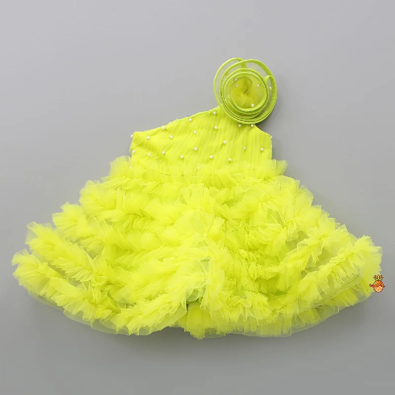 Swirl Frilled One Shoulder Lime Green Dress Polka dot unclassified dresses