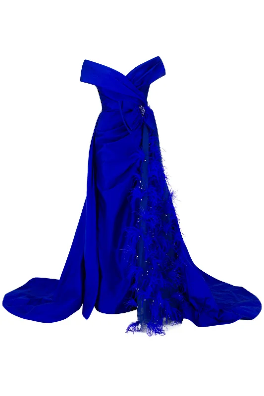 TAYLOR ROYAL BLUE FEATHER TRIMMED GOWN Graduation unclassified dresses