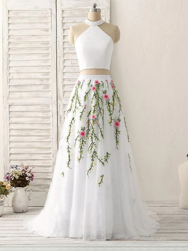 white two pieces halter fluffy tulle floral prom dress, PD5847 High-end floral dresses