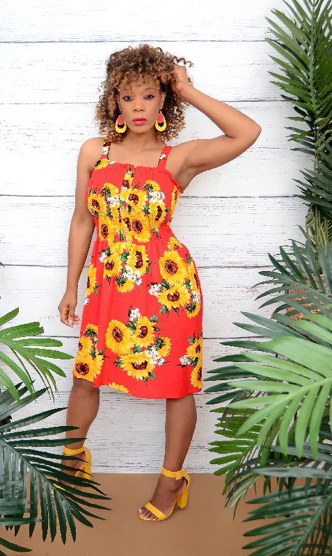 Women’s Cute Sleeveless Red Dress With Sunflowers Holiday unclassified dresses