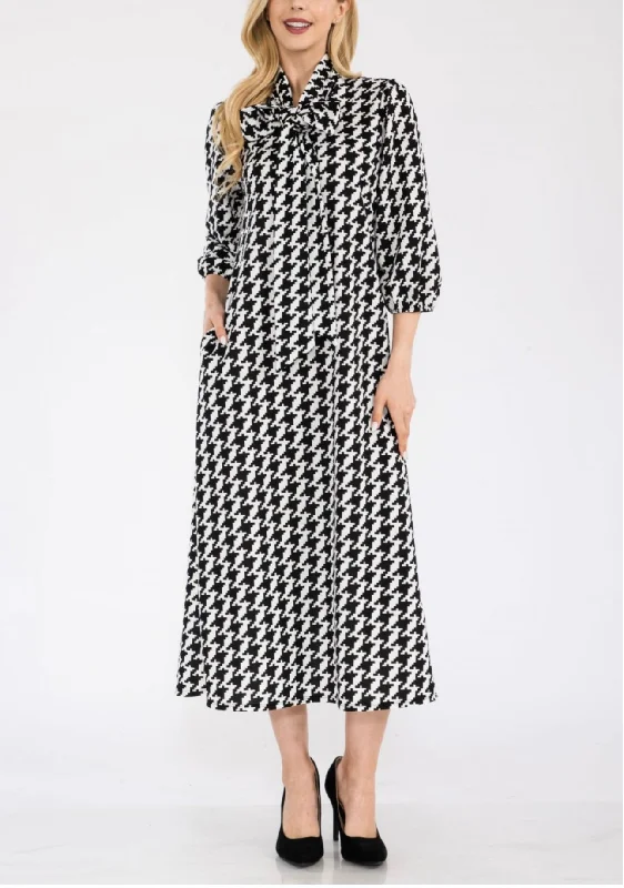 Women's Modest Black & White Houndstooth Dress with front Bow Tie Cotton unclassified dresses