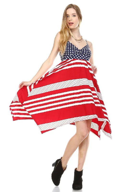 Spaghetti V-Neck Navy Polka Dot Handkerchief Dress with Red Stripes 3 Bright color unclassified dresses