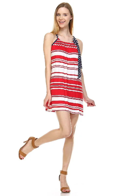 Red Stripe 3 Tunic Dress with Navy Polka Dot Shoulder Bow Backless unclassified dresses