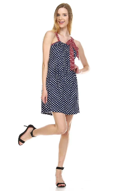 Navy Polka Dot Tunic Dress with Red Stripe Shoulder Bow Long unclassified dresses