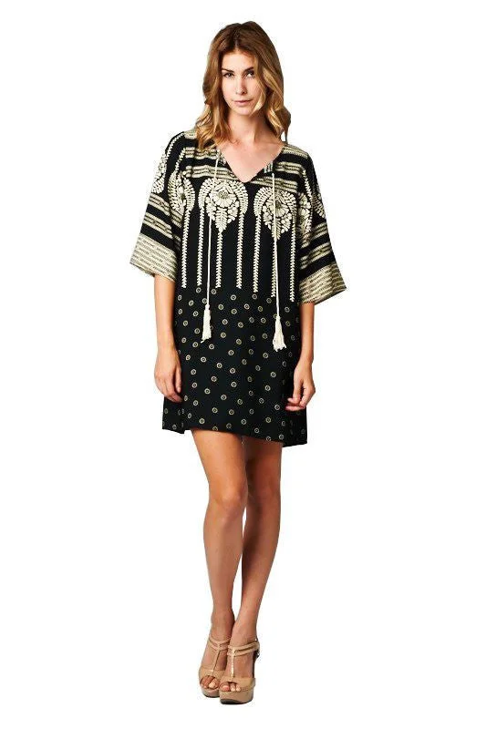 Black Ivory Aztec Tribal Tunic Dress with Tassels Open-back unclassified dresses