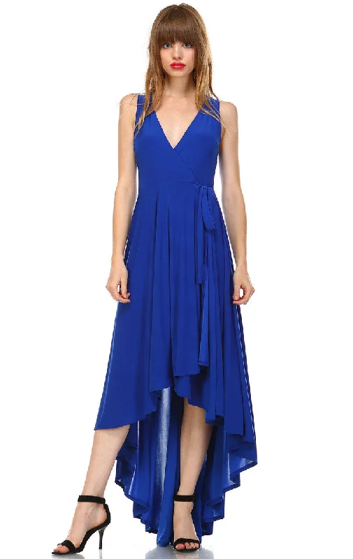 Lycra Sleeveless V-Neck Plunge Belt Hi Low Wrap Dress Blue High-low unclassified dresses