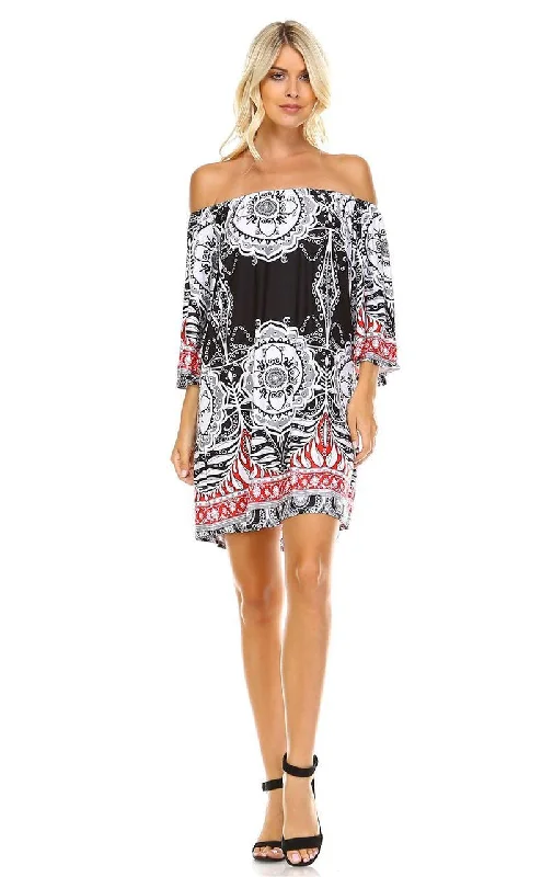 Off Shoulder Tunic Dress Black Red Tropical Paisley Vintage unclassified dresses