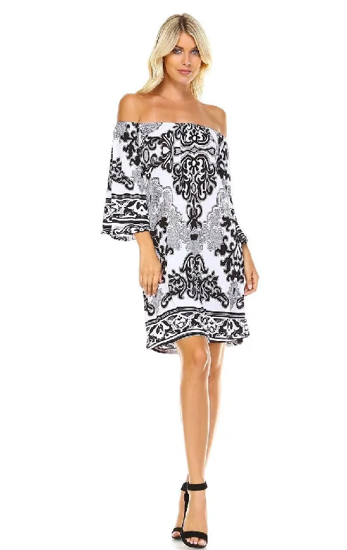 Off Shoulder Tunic Dress Black White Paisley Affordable unclassified dresses