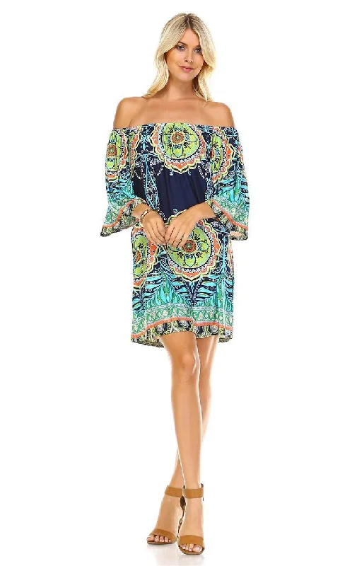 Off Shoulder Tunic Dress Navy Blue Tropical Paisley Breathable unclassified dresses