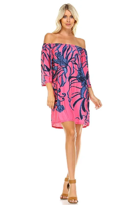 Off Shoulder Tunic Dress Navy Flowers on Coral Pink Comfortable unclassified dresses