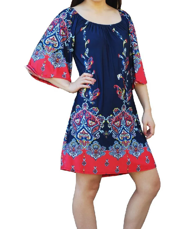 Off Shoulder Tunic Dress Navy Pink Paisley Borders Long unclassified dresses