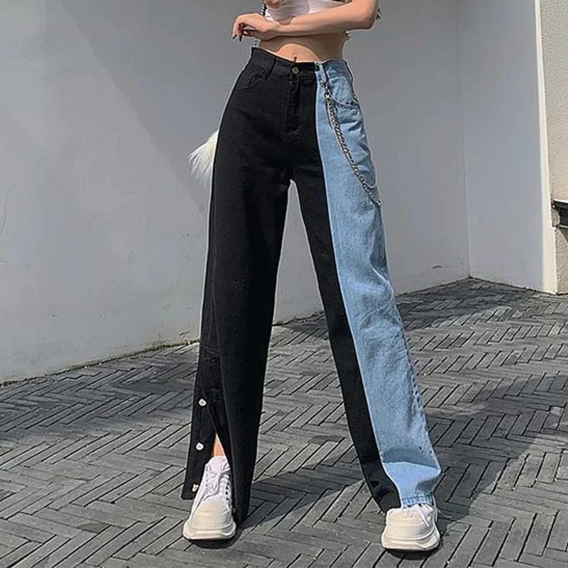 2022 Side Covered Button Slit Wide Leg Denim Pants Women Loose Casual Streetwear Color Block Patchwork Vogue Trousers