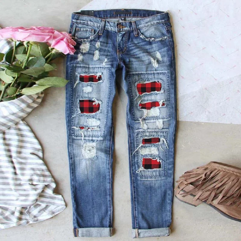 2022 spring summer  plus size women casual Denim Pants woman female ripped Hole Plaid Patch jeans for women