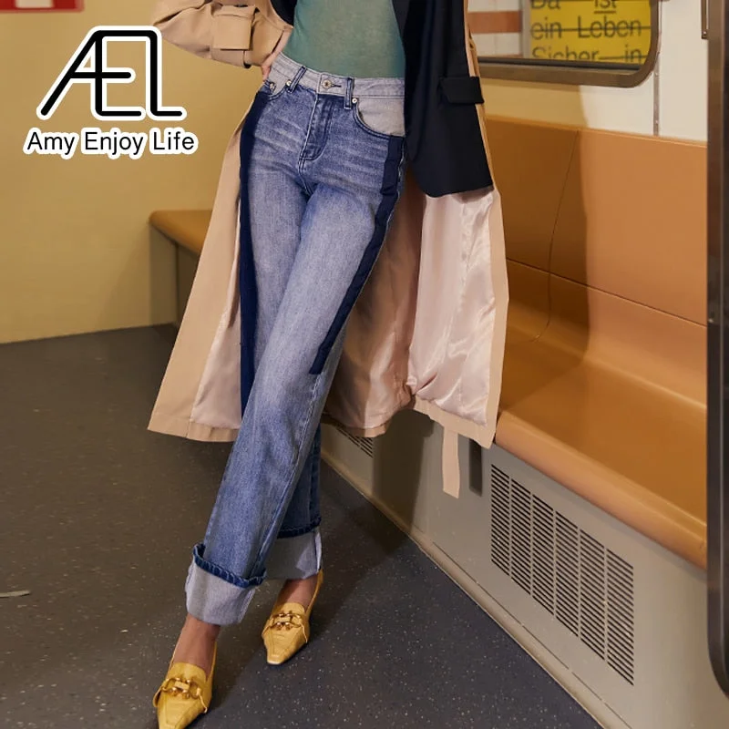 AEL Straight Leg-Jeans Women Spring Slim Soft Cotton Distressed Casual Denim Color-Block Ladies Cargo-Pants