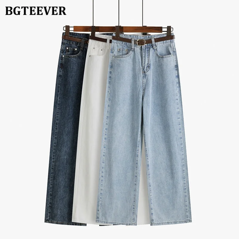 BGTEEVER Summer Stylish Women Wide Leg Denim Pants High Waist Button Ladies Straight Jeans Trouser Casual Female Solid Jeans