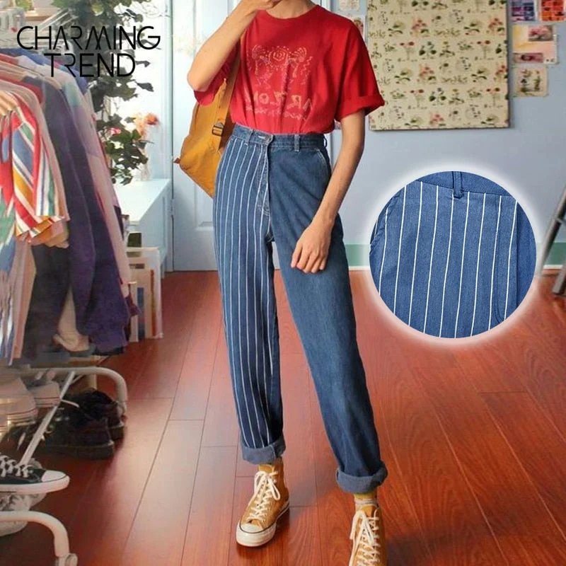 Charmingtrend Vintage striped Women's jeans trousers straight high waist denim fabric blue female pants casual chic girl jeans