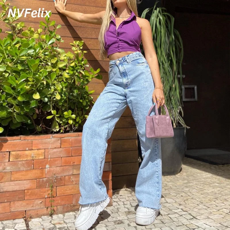 Classic High Waist Straight Leg Jeans for Women Vintage Boyfriend Mom Jeans Denim Pants Blue Casual Wide Leg Trousers