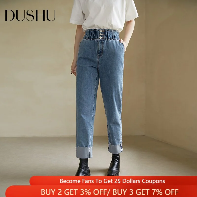 DUSHU Pants For Women Cuffed Cuffs High Waist Slim Jeans Retro Casual Elastic Waist Jeans Denim Blue Straight Leg Jeans Trousers