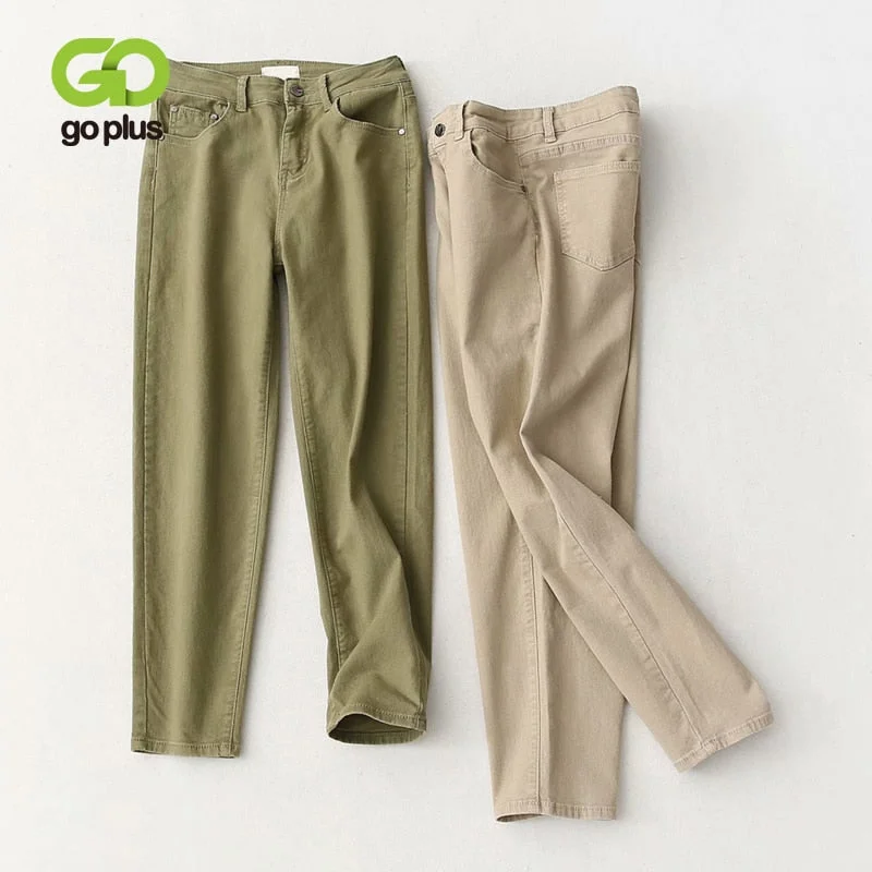 GOPLUS 2022 Spring Green Khaki Plus Size Jeans Women's High Waist Mom Jeans Loose Casual Straight Pants Vaquero Mujer C9865