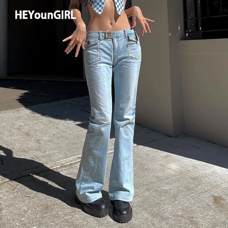 HEYounGIRL Vintage Elegant Skinny Low Rise Jeans Casual Blue Woman Denim Trousers 2000s Aesthetic Kawaii Cute Pants