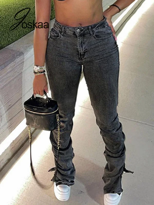 Joskaa Gray High Waist Slim Straight Leg Denim Pants Women Casual Ruched Split Zipper Button Jeans Fall 2022 Streetwear