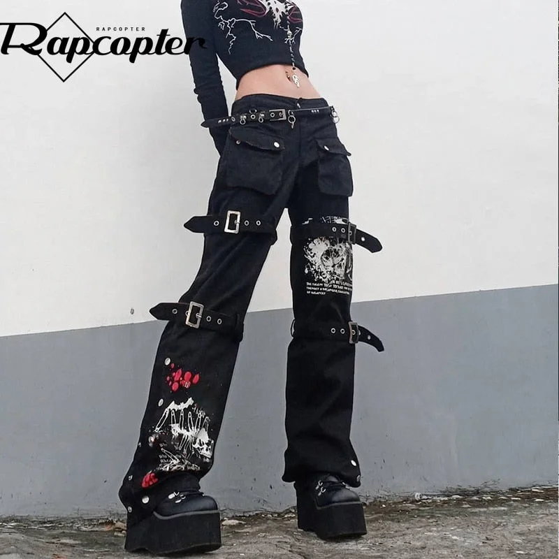 Rapcopter Bandage Gothic Black Jeans Pockets Printed Denim Trousers Vintage Low Waisted Baggy Casual Cargo Pants Women Korean