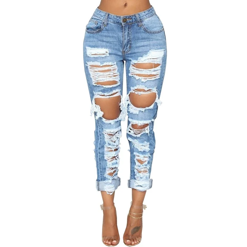 Ripped Jeans For Women Denim Straight Pants Trousers Mid Waist Casual Skinny Jeans Torn Jeggings boyfriend jeans 2022