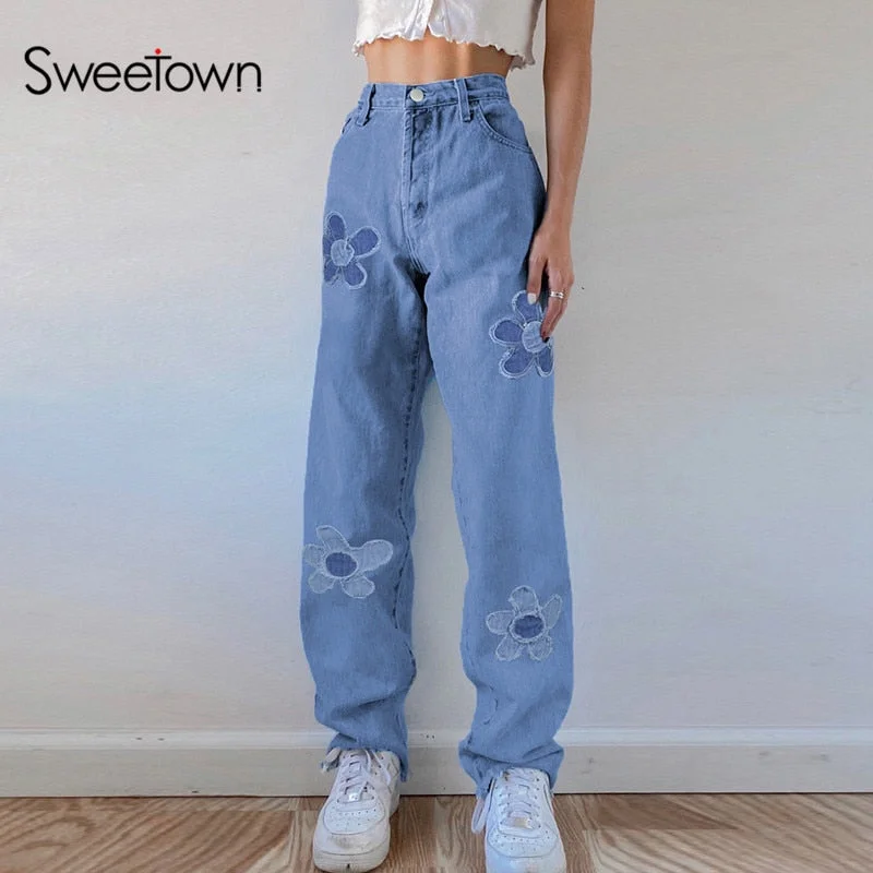 Sweetown 2022 Blue Baggy Straight Jeans Woman Casual High Waist Sweatpants Floral Patches 90s Korean Denim Trousers Harajuku