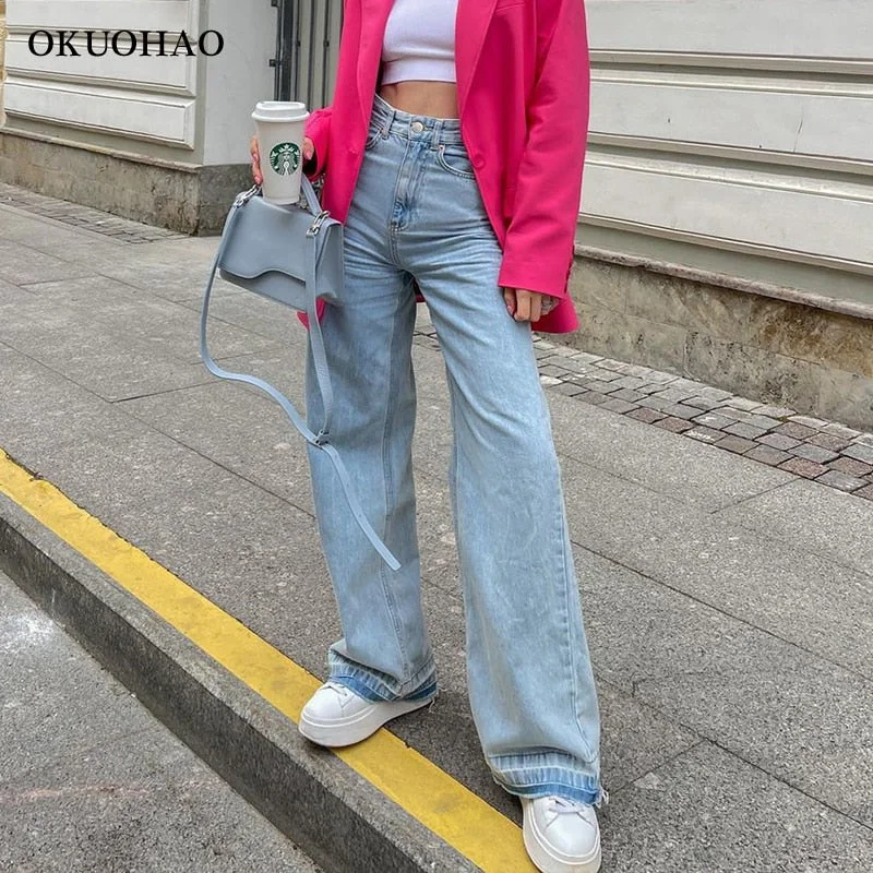 Wide Leg Jeans Women Baggy Pants Casual High Waist Mom Trousers Autumn Loose Jeans Women Blue Wash Cotton Denim Pants