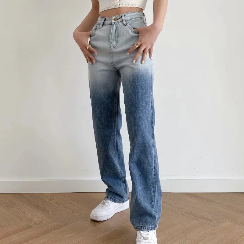 women Casual full length straight Jeans trf Gradient Slim high-waist denim pants pocket vintage Streetwear Trousers Lady