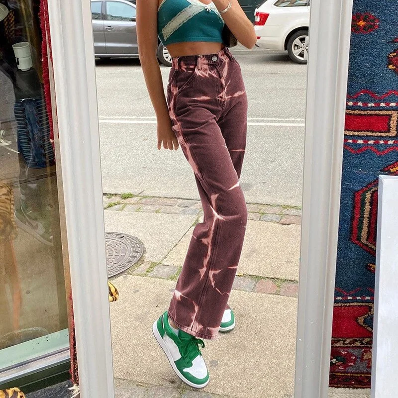 Women Jeans Harajuku Streetwear Hip Hop High Waist Trousers Tie-Dyed Baggy Vintage Femme Casual Jeans Mom Straight Denim Pants