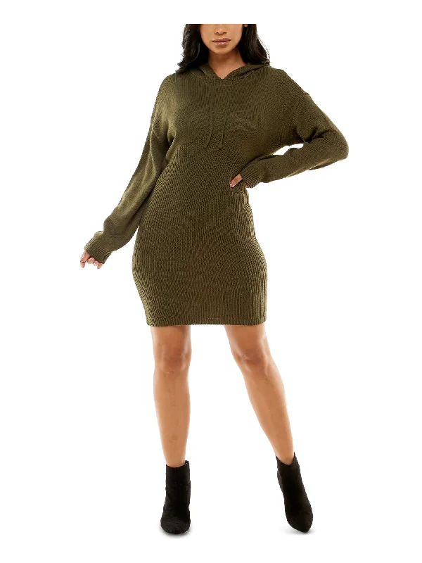 ALMOST FAMOUS Womens Green Ribbed Hoodie Unlined Long Sleeve Short Sweater Dress Sweater Dress Style