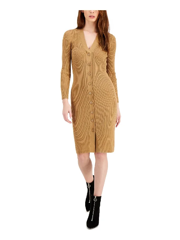 BAR III DRESSES Womens Brown Knit Ribbed Fitted Button Detail Long Sleeve V Neck Above The Knee Sweater Dress Sweater Dress Fit