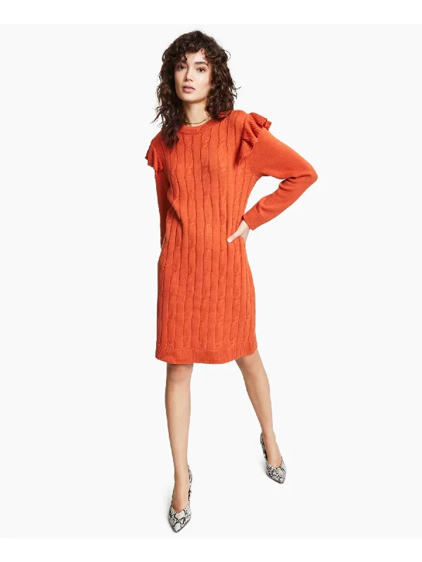 BAR III DRESSES Womens Ruffled Long Sleeve Crew Neck Above The Knee Sweater Dress Fashion Sweater Dress