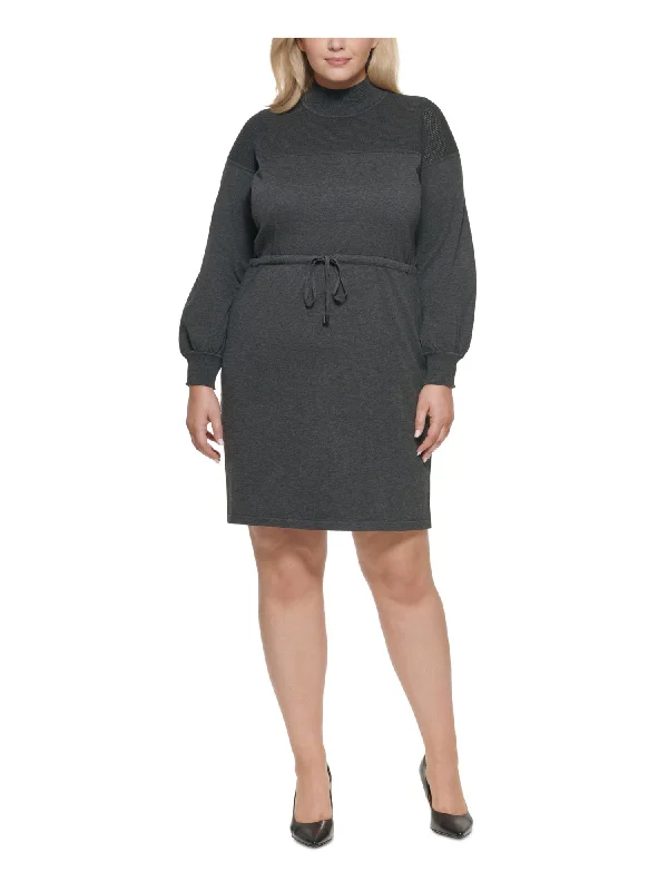 CALVIN KLEIN Womens Ribbed Long Sleeve Mock Neck Above The Knee Wear To Work Sweater Dress Stylish Knit Dress