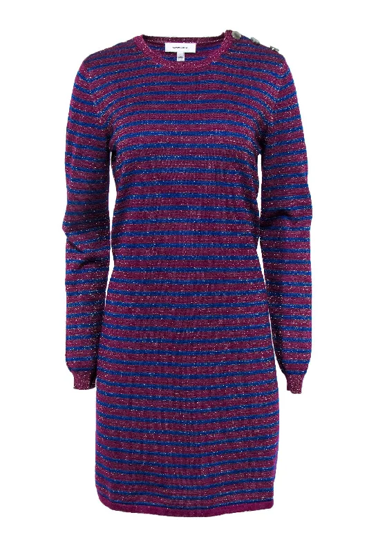 Carven - Blue & Plum Striped Metallic Knitted Sweater Dress Sz L Ribbed Sweater Dress