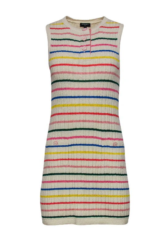 Chanel - Cream & Multicolored Striped Sleeveless Ribbed Knit Sweater Dress Sz 4 Knit Sweater Dress