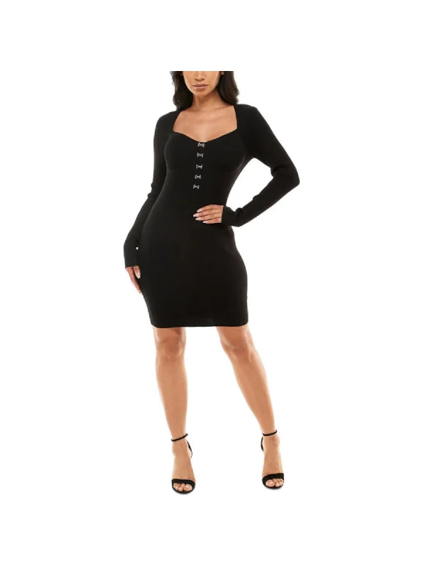 CRAVE FAME Womens Black Ribbed Under Bust Seaming Faux Closure Long Sleeve Sweetheart Neckline Short Party Sweater Dress Fashion Sweater Dress