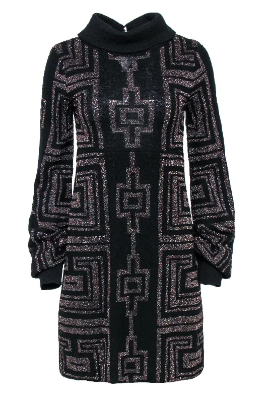 Custo Barcelona - Black Sparkly Geometric Print Turtleneck Sweater Dress Sz M Loose Sweater Dress