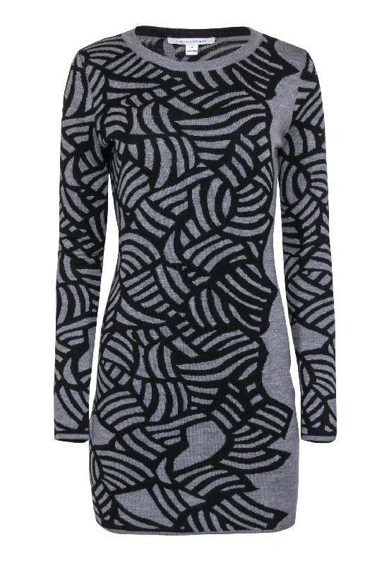 Diane von Furstenberg - Grey & Black Abstract Print Fitted Wool Sweater Dress Sz 8 Sweater Dress Lookbook