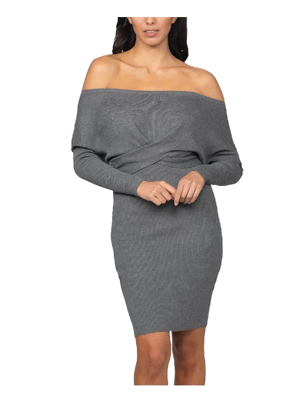 JUMP Womens Gray Stretch Ribbed Twist-front Heather Dolman Sleeve Off Shoulder Above The Knee Evening Sweater Dress Sweater Dress with Belt