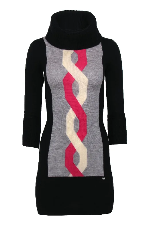 Karen Millen - Black, Grey, Pink & White Merino Wool Turtleneck Sweater Dress Sz XS Sweater Dress Style