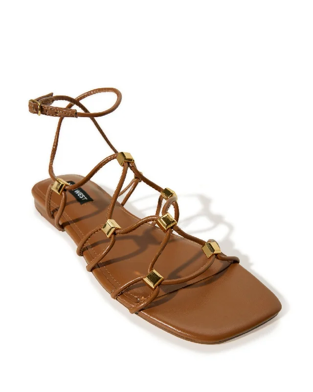 Lace-Up Flat Studded Sandal Cognac Lace Dress Trend