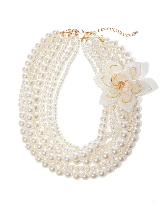 Layered Flower Pearl Necklace White/Gold Lace Dress Flare