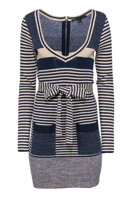 Marc by Marc Jacobs - Beige & Navy Striped & Polka Dot Sparkly Sweater Dress Sz M Classic Knit Sweater