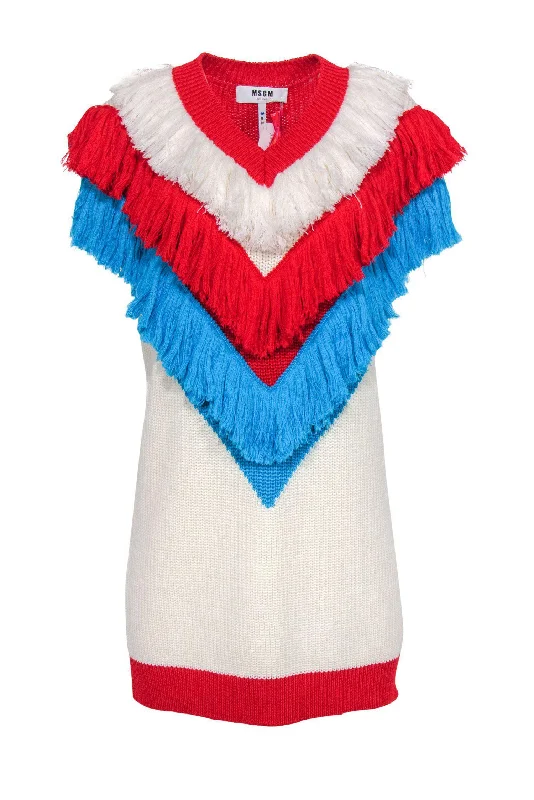 MSGM - White, Red & Blue Fringe Colorblocked Sleeveless Knit Sweater Dress Sz S Sweater Dress Casual