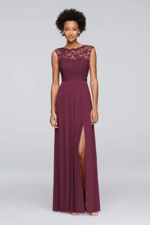 David's Bridal Long Bridesmaid Dress with Lace Bodice Lace Cocktail Gown