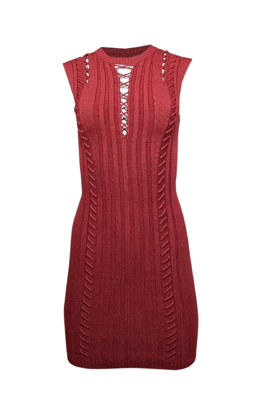 Ronny Kobo - Red Knit Sleeveless Lace Up Detail Sleeveless Fitted Dress Sz M Lace Dress Shine