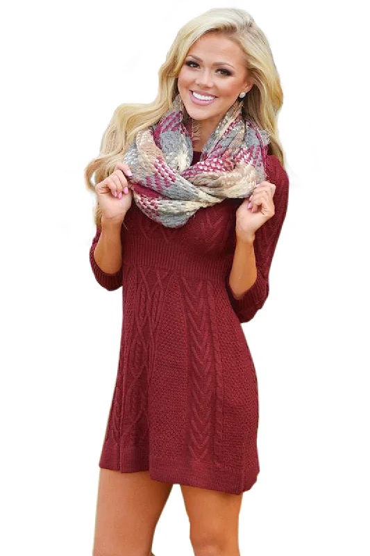 Sexy Burgundy Cable Knit Fitted 3/4 Sleeve Sweater Dress Color Block Sweater